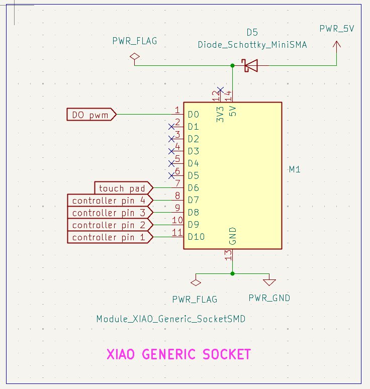 Used a generic socket. The XIAO is soldered to the vertical pins so that it can be plugged into and removed from the vertical connector pins connected to the board.